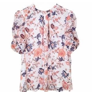 Rachel Zoe Ivory Orange Floral Puff Sleeve Sheer Blouse Large